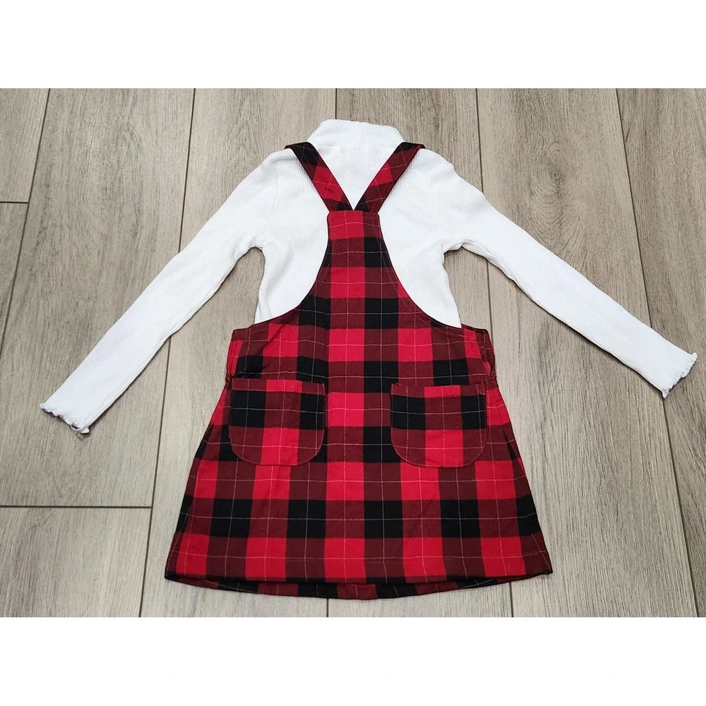 Girls Red Black Buffalo Plaid Pinafore Jumper Dress White Turtleneck Outfit 3T‎
